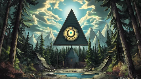 Triangular floating eye over forest cabin and alpine range