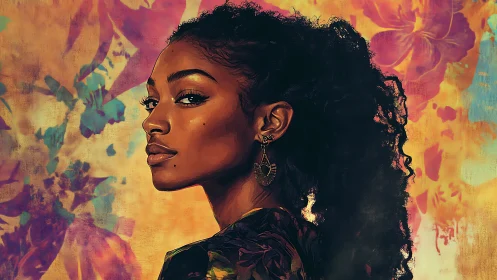 Profile portrait of woman against floral abstract backdrop.