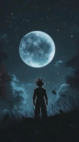 Silhouetted warrior under cyan full moonlit night sky.