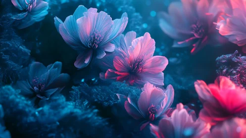 Bioluminescent flowers rendered in blue and magenta neon lighting.