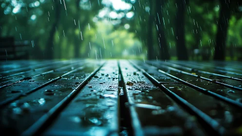 Rain falling on wet park decking in shallow focus perspective.