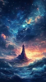 Stormlit lighthouse beneath a celestial cosmic ocean sky.