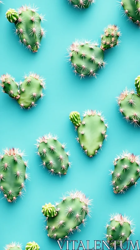 Scattered cactus pads float over bright cyan background