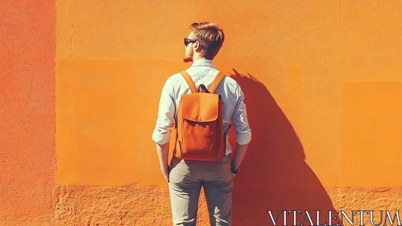 Minimalist urban portrait against monochrome orange wall.