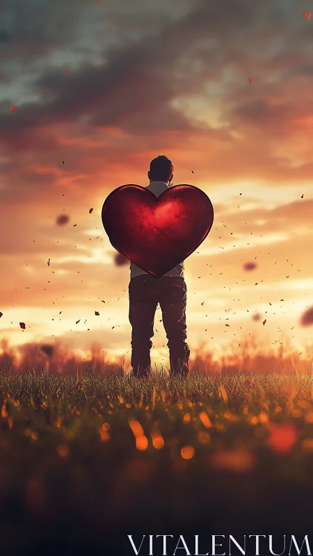 Silhouetted figure holding luminous heart against golden sunset landscape.