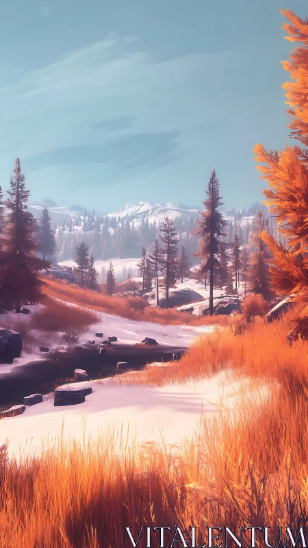 Snowy pine valley with orange grass under clear sky.