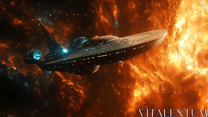 Starlit cruiser crossing molten nebula in deep space.