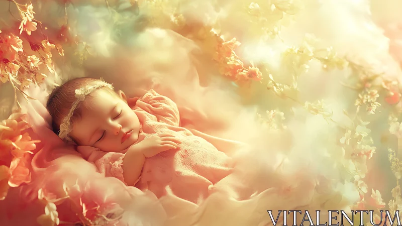 Slumbering cherub nestled within blooms of golden reverie.