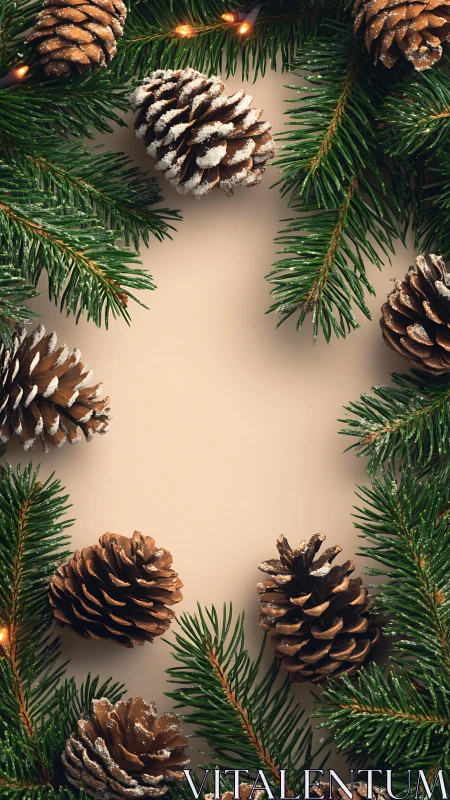 Snow-kissed pinecones ring a festive evergreen frame border.