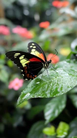 Butterfly rests on wet leaf in shallow depth-of-field garden