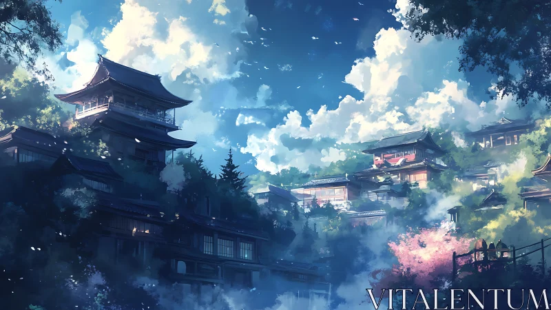 Tiered Japanese hill town extends under bright summer clouds