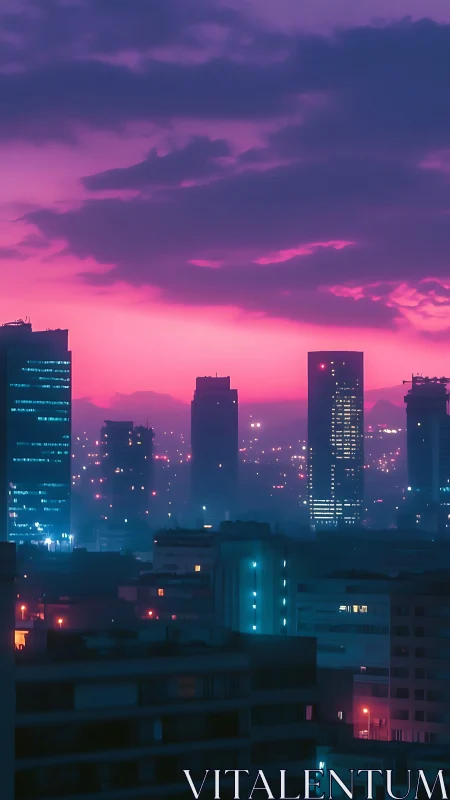 Urban skyline shows illuminated towers at dusk under clouds