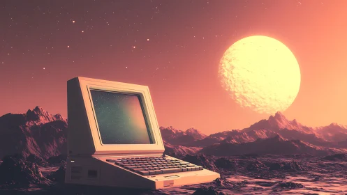 Retro computer beneath colossal alien sun on desert plain.
