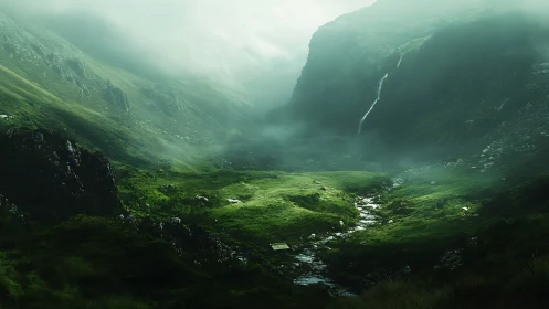 Mist-draped valley cradles a silver stream of shy sunlight