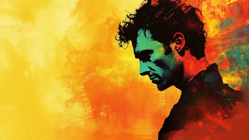 Profile silhouette of male figure against saturated warm backdrop