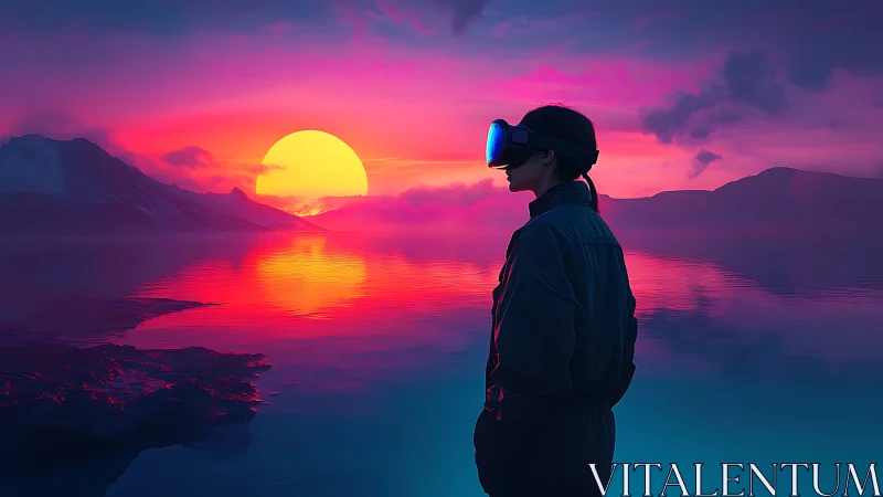 Neon horizon dreamer gazes into a virtual electric sunset.