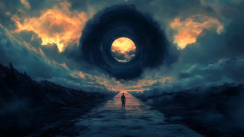 Solitary wanderer approaches a storm-lit cosmic vortex sky.