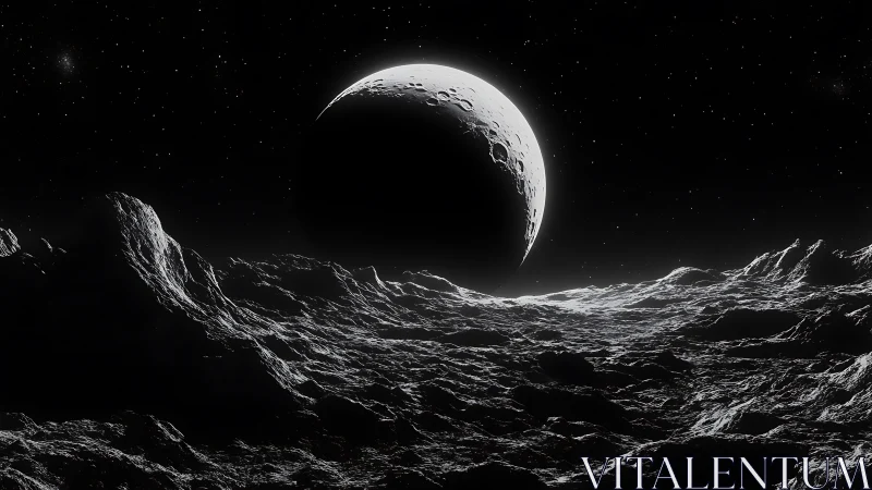 Crescent sentinel above a frozen lunar wasteland horizon.