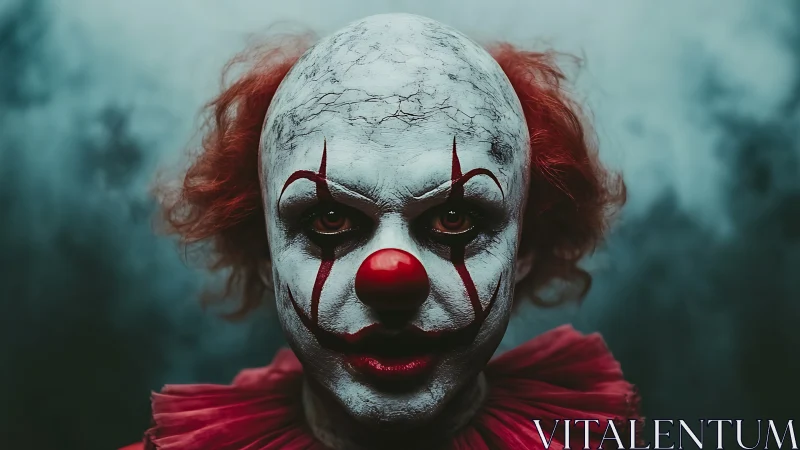 Sinister clown portrait under cold cinematic lighting.