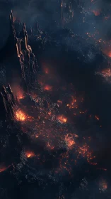 Molten spires rising over a dark, otherworldly landscape.