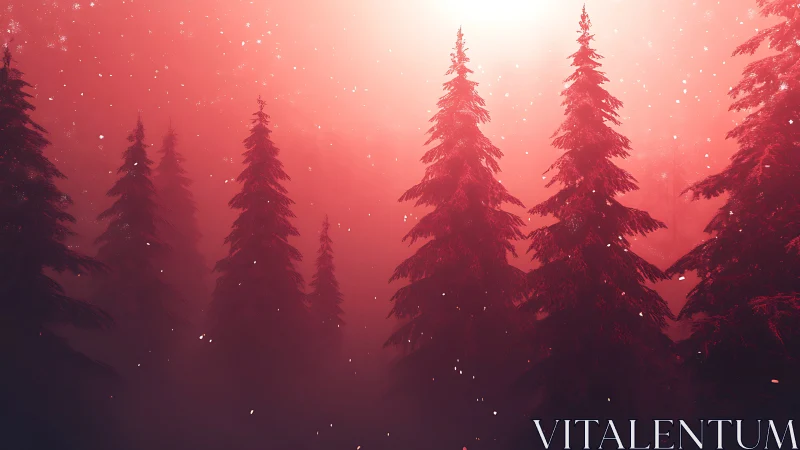 Red mist forest shows silhouetted conifer trees in snowfall