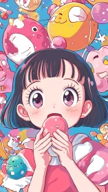 Girl bites glossy candy amid floating pastel creatures