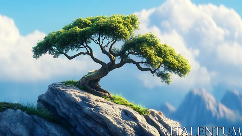 Solitary windswept tree grows on rocky mountain outcrop