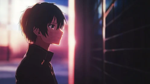 Solitary anime boy in sunset alley profile view scene.