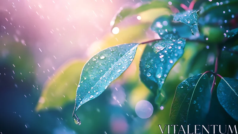 Close-up leaves hold raindrops under soft, colorful light