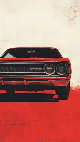Red muscle car front view over bold split background.