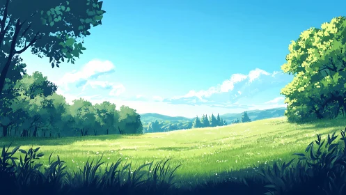 Sunlit summer meadow stretches toward distant blue hills