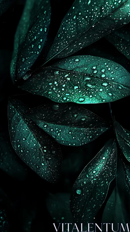 Dark green leaves covered in fresh water droplets at night
