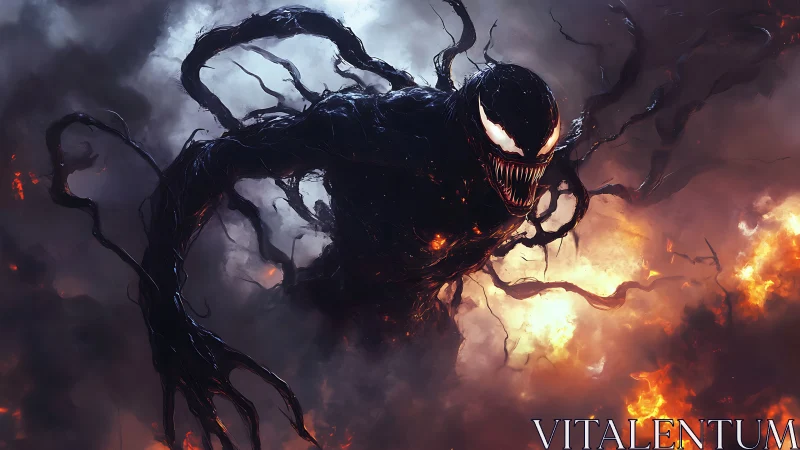 Symbiotic shadow entity amid infernal flames and toxic smoke