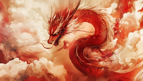 Scarlet cloud dragon coils through burning sunrise mists