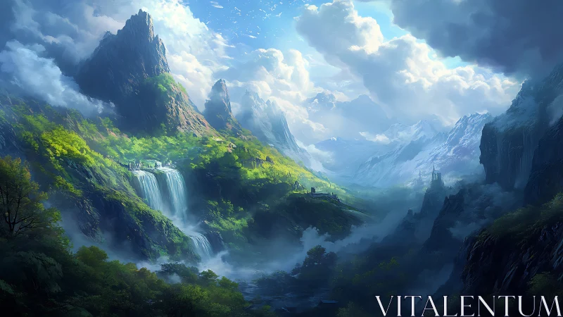 Vast fantasy valley with waterfalls, peaks and castles.