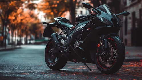 Midnight sport bike poised on autumn city boulevard.