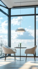 Minimalist glass-walled seating area overlooks bright sky