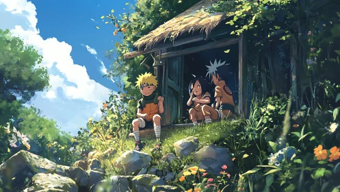 Sunlit forest hideout with three anime trainees resting.