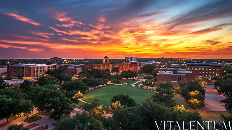 Sunset-illuminated academic campus under stratified cirrus sky.