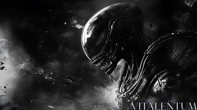 Biomechanical alien silhouette dominates dark void scene.