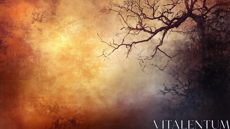 Lonely tree branches stretching into a glowing autumn mist.