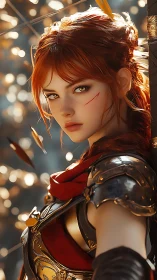 Ember haired warrior pauses mid battle, eyes bright with fire