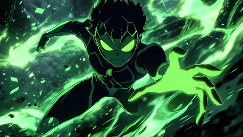 Neon comet hero surges forward in a storm of green fire.