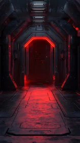 Cyberpunk corridor with red-lit portal and hard-surface panels.