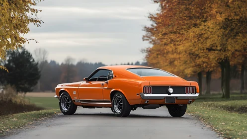 1969 Ford Mustang Boss 302 in vivid orange on country road