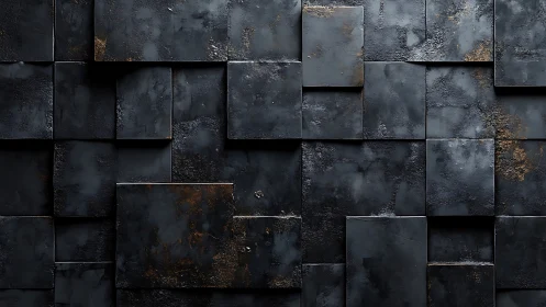 Rust-stained black metal tiles form layered geometric wall
