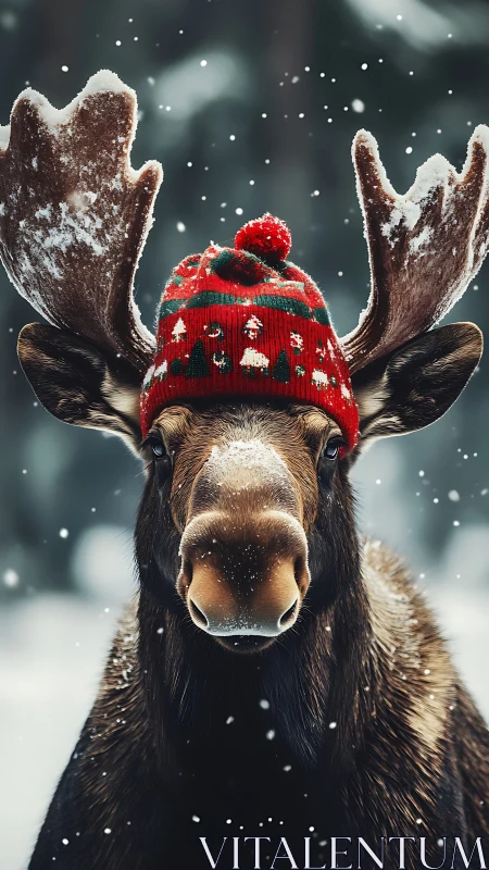Snow-kissed moose in festive knit hat owns the winter woods.