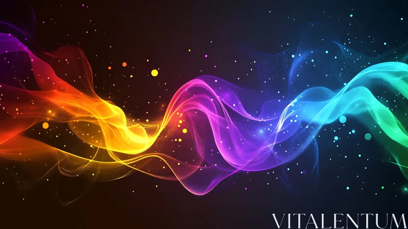 Radiant rainbow light waves swirl across a dark cosmic field.