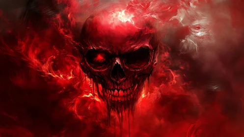 Flaming crimson skull materializes from swirling digital smoke