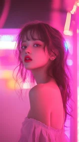 Neon-drenched muse turns softly toward the humming lights